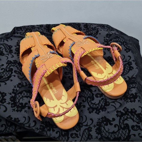 Farm Rio Caramel Palm Tree Strap Sandals NWOT Women's US 9 Bohemian Leather - Picture 8 of 14